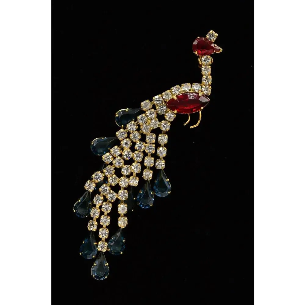 Vintage Crystal Peacock Pin Brooch Prong Blue Pink Rhinestone Gold NOS 1980s 9B